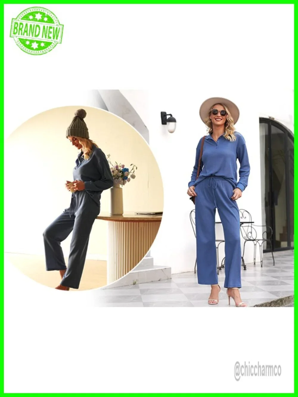 Womens 2 Piece Matching Lounge Set Sweatsuit Waffle Knit Pajamas Long Sleeve